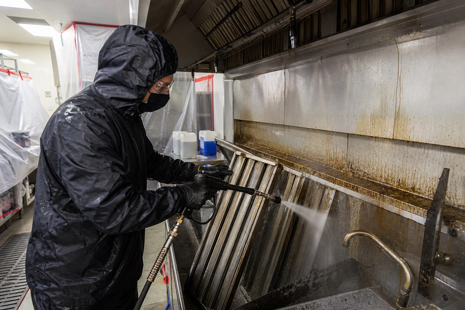 Commercial kitchen exhaust technician cleaning stainless hood and duct surfaces